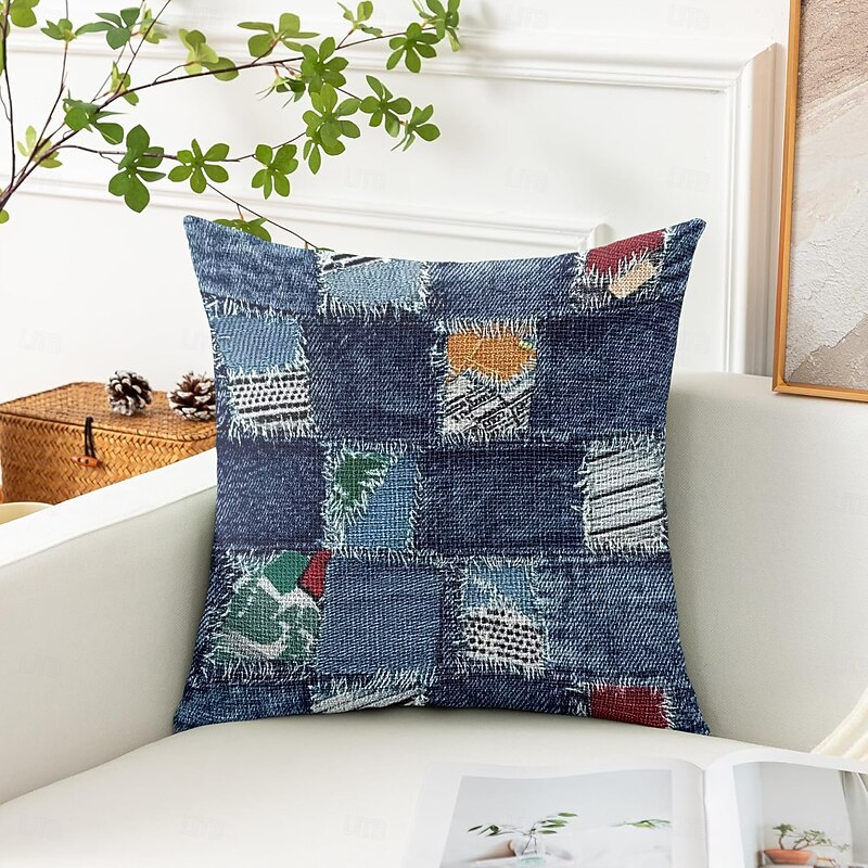 Vintage Decorative Toss Pillows Cover 1PC Denim Patch Soft Square Couch Cushion Case Pillowcase for Bedroom Livingroom Sofa Chair3