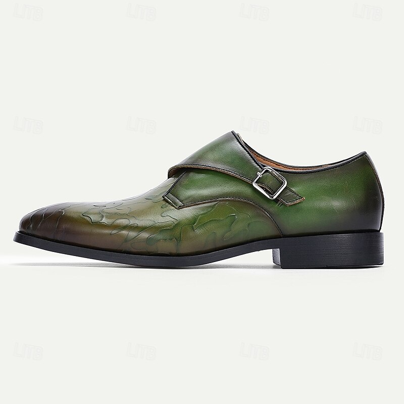 Men's Green Leather Monk Strap Dress Shoes – Premium Cowhide, Camouflage Pattern, Elegant Formal Footwear for Weddings and Business Events4