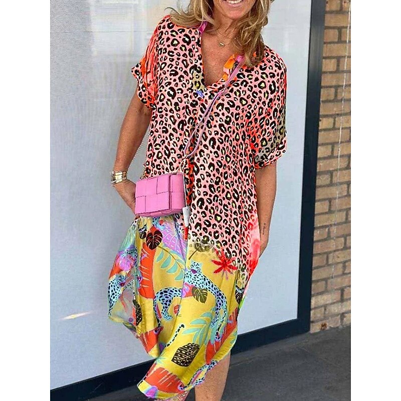 Women's Long Dress Maxi Dress Sundress Summer Dress Vintage Stylish Vacation Daily Loose Fit Graphic Leopard Short Sleeve V Neck Pink Blue Orange Brown Summer3