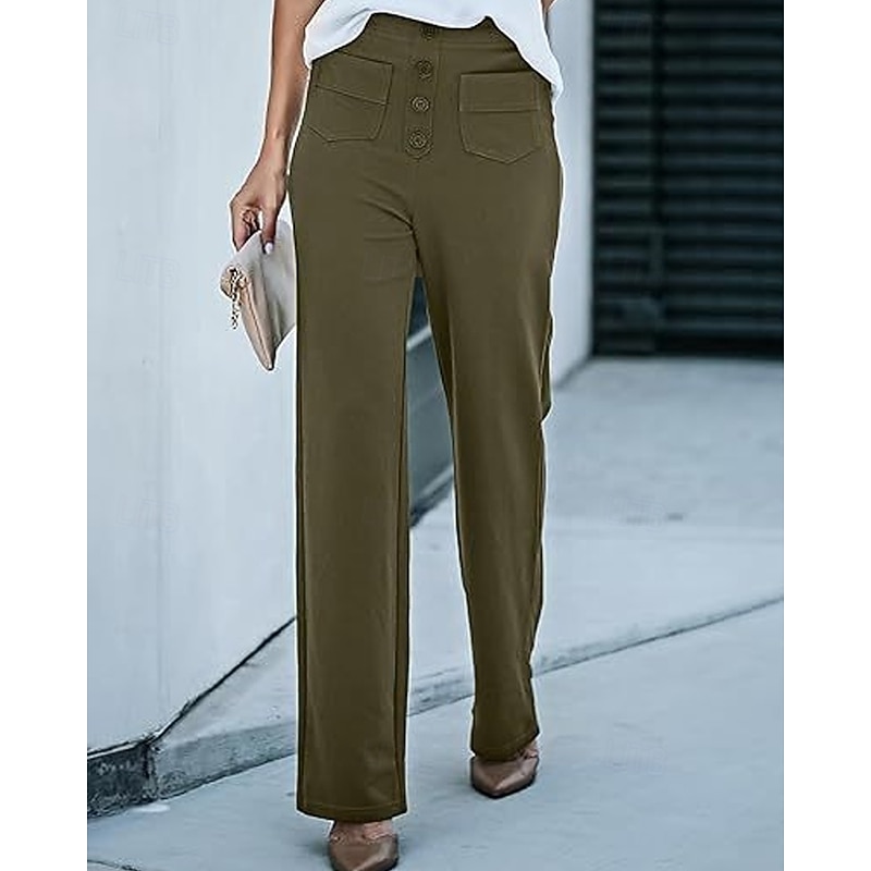 Women's Wide Leg Linen Pants Pants Trousers Lightweight Casual Full Length Mid Rise Plain Pocket Breathability Comfortable Inelastic Home Casual Daily Azure Navy Black Green Summer Spring Regular Fit