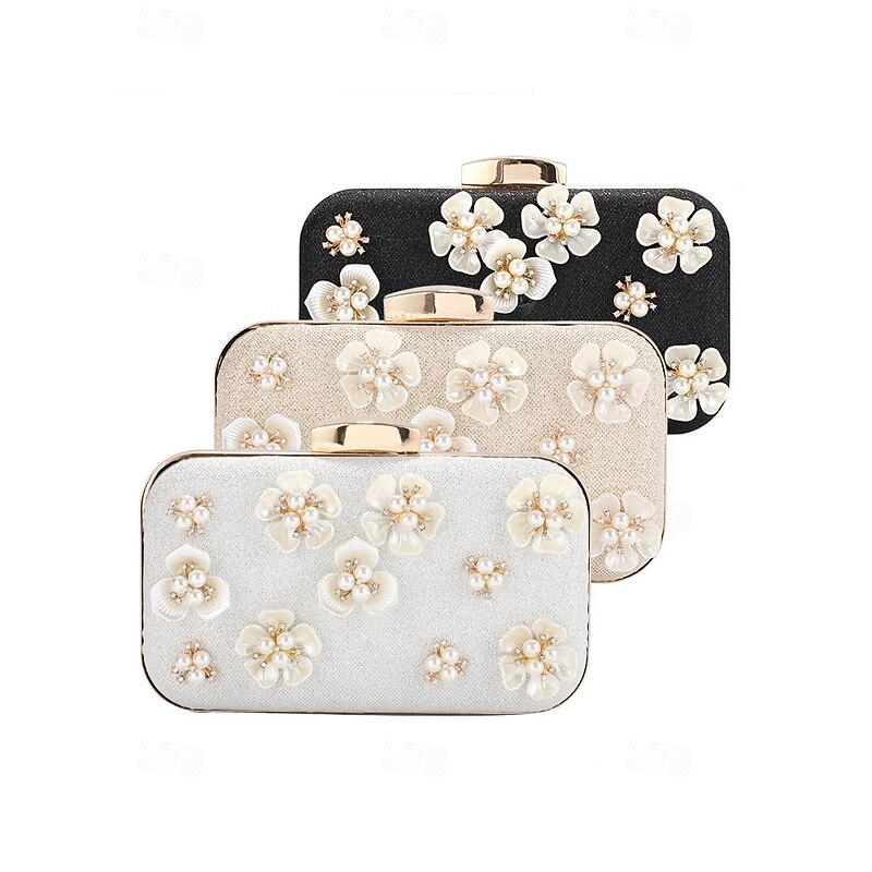 Women's 3D Floral Clutch with Pearl Accents and Gold Chain – Stylish Evening Bag for Weddings, Parties and Formal Occasions Silver Black Gold3