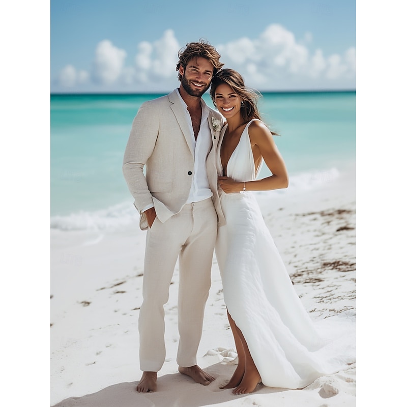 Men's Wedding Linen Suits Sky Blue Light Grey Daily Lightweight Solid Colored Standard Fit 2 Piece Single Breasted One-button