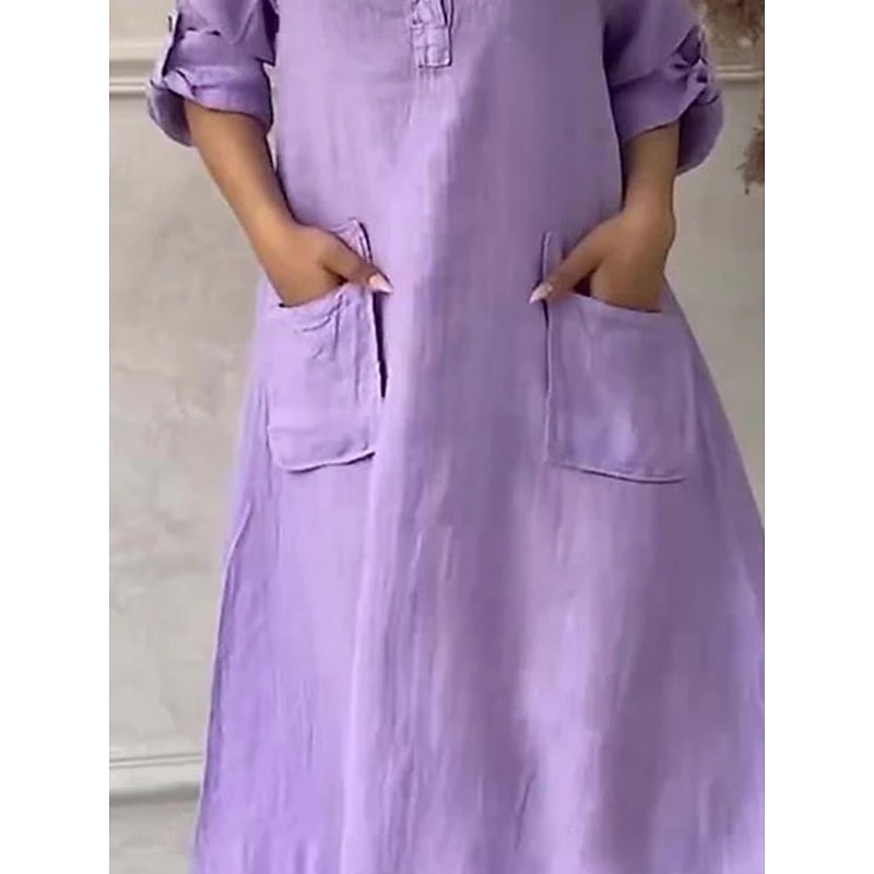 Women's Maxi Dress Cotton Linen Dresses Casual Dress Elegant Stylish Basic Vacation Daily Loose Fit Plain Long Sleeve Shirt Collar Black White Yellow Purple Spring Fall4