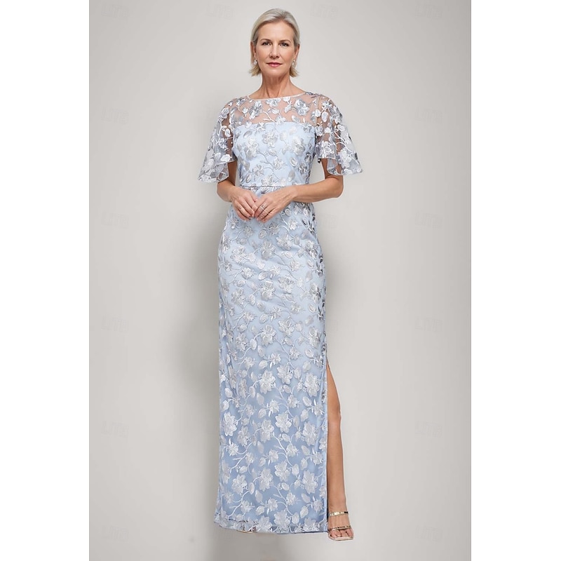 Sheath / Column Mother of the Bride Dress Elegant Luxurious Boat Neck Floor Length Floral Lace Appliques Short Sleeve with Slit