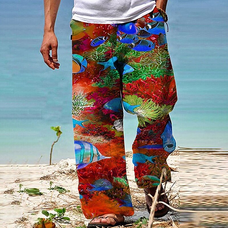 Men's Trousers Summer Pants Beach Pants Drawstring Elastic Waist 3D Print Graphic Prints Fish Ocean Comfort Casual Daily Holiday Cotton Blend Streetwear Hawaiian Red Blue2