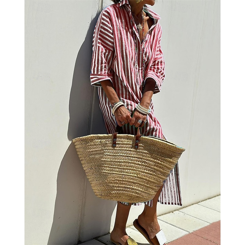 Women's Long Dress Maxi Dress Cotton Linen Dresses Shirt Dress Casual Dress Cotton Linen Dress Stylish Casual Vacation Daily Date Regular Fit Stripe Long Sleeve Lapel Yellow Light Green Red Royal Blue4