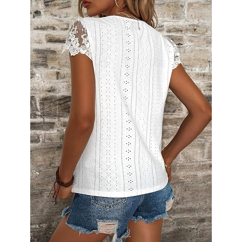 Women's White Elegant Lace Tops Eyelet Blouse Casual Solid Color Regular Tops Short Sleeve V Neck Lace Patchwork Buttons Regular Fit Daily Romantic Petite Tops Summer Holiday Wear White2