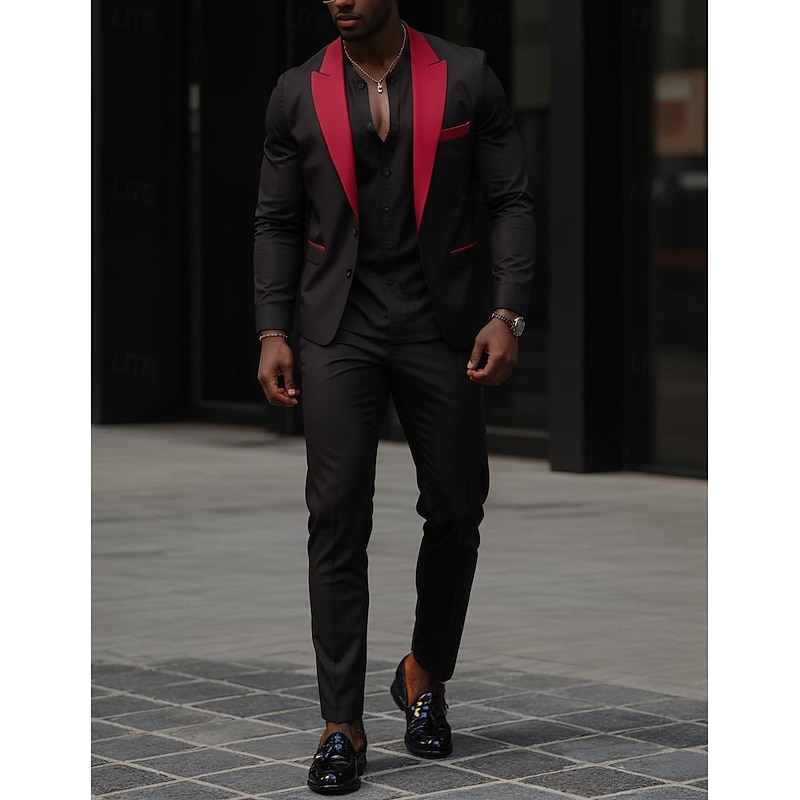 Men's Party Casual Suits Peaked Lapel Royal Blue Green Casual Street Style Solid Colored Standard Fit 2 Piece Single Breasted Two-buttons