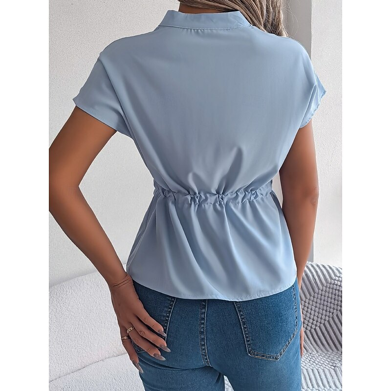 Women's Shirt Blouse Solid Color Daily Business Short Sleeve Turtleneck Regular Tops Daily Tie Front Buttons White Light Blue Summer2