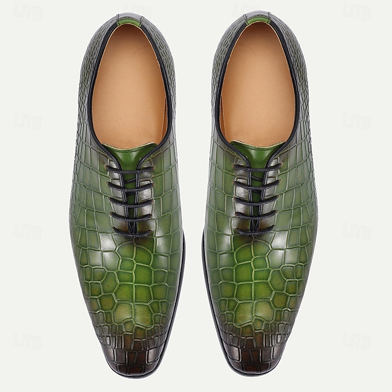 Men's Green Crocodile Pattern Leather Oxford Shoes – Premium Cowhide Lace-Up Design for Formal, Business and Special Occasions4