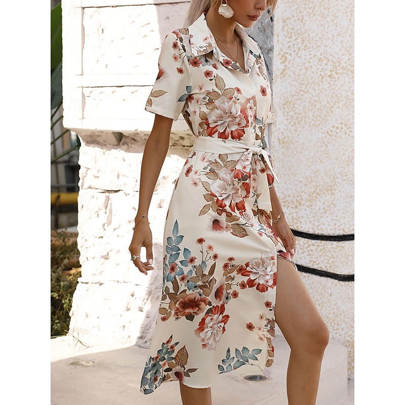 Women's Midi Dress Casual Dress Elegant Stylish Casual Vacation Daily Regular Fit Floral Short Sleeve Shirt Collar Apricot Light Blue Summer Spring3