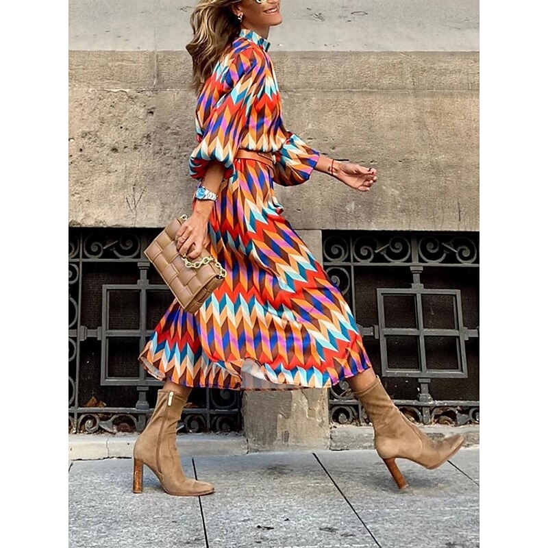Women's Midi Dress Casual Dress A Line Dress Stylish Casual Vacation Daily Regular Fit Geometric Long Sleeve Stand Collar Rainbow Summer3