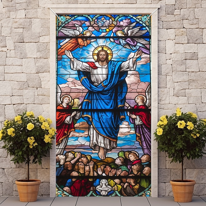 Jesus Door Decorations Door Covers Stained Glass Effect Door Tapestry Door Curtain Decoration Backdrop Indoor/Outdoor Door Banner for Front Door Farmhouse4