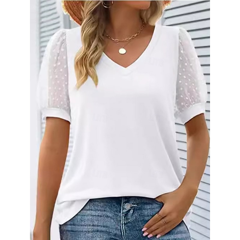 Women's T Shirt Plain Fashion Modern Casual Short Sleeve V Neck Regular Tops Daily Weekend Lace Patchwork Black White Summer Spring