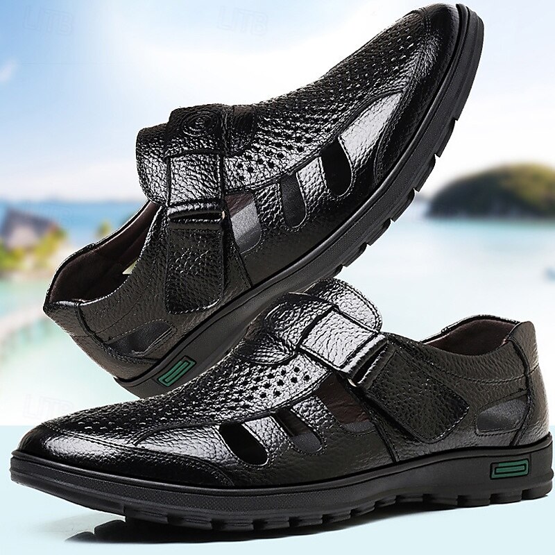 Men's Black Faux Leather Sandals – Breathable Cut-Out Design with Adjustable Strap, Comfortable Summer Shoes for Casual and Outdoor Wear2