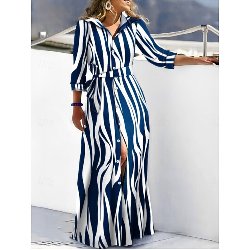 Women's Maxi Dress Shirt Dress Casual Dress A Line Dress Stylish Casual Vacation Daily Regular Fit Stripe Long Sleeve Shirt Collar Navy Blue Blue Summer