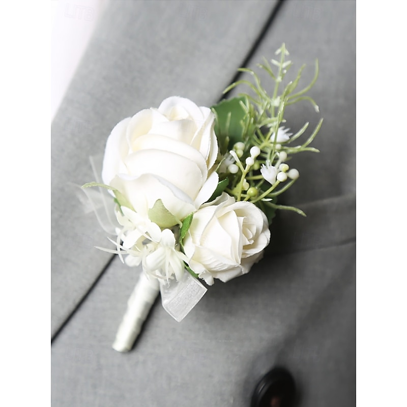 Elegant White Rose Wrist Corsage and Boutonniere Set – Artificial Floral Accessories for Weddings, Bridesmaids and Formal Events3