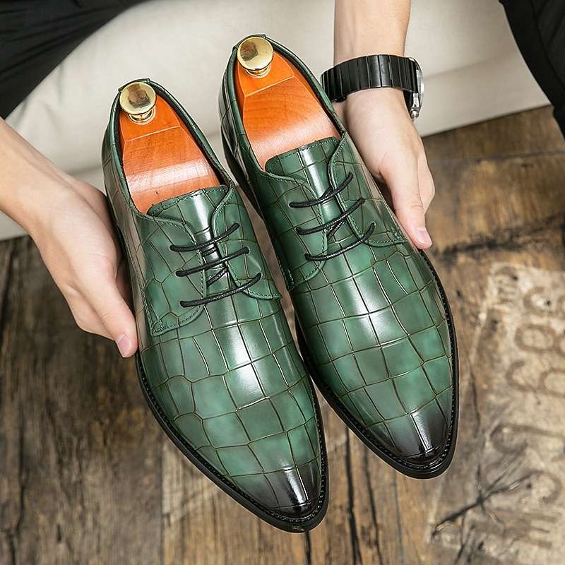Men's Green Crocodile Pattern Faux Leather Oxford Shoes - Stylish Lace-Up Dress Shoes for Formal Events, Business and Weddings3