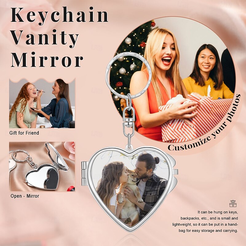 Personalized Photo Keychain Mirror Custom Best Gift for Mom - Double-Sided Two Photo Design, Heart-Shaped Mirror, Portable and Perfect Gift for Lovers3