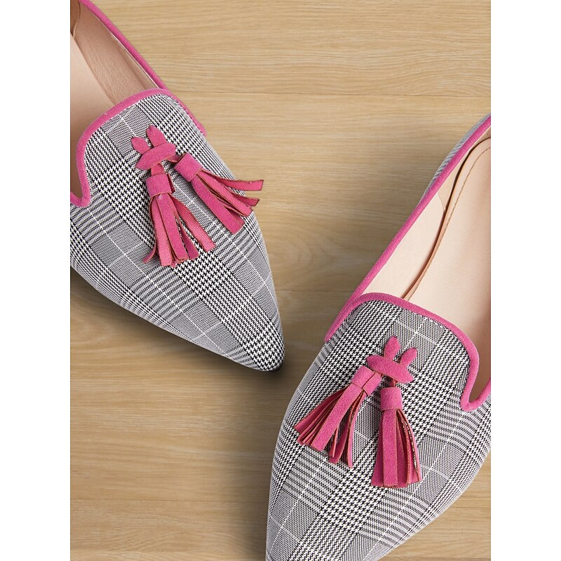 Women's Pink / Grey Plaid Tassel Loafers – Chic Vintage-Style Flats for Work and Casual Wear4