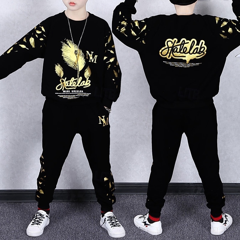 2 Pieces Kids Boys Suit Sweatshirt & Sweatpants Set Clothing Set Outfit Graphic Long Sleeve Crewneck Set Outdoor Sports Fashion Spring Fall 4 years+ Black