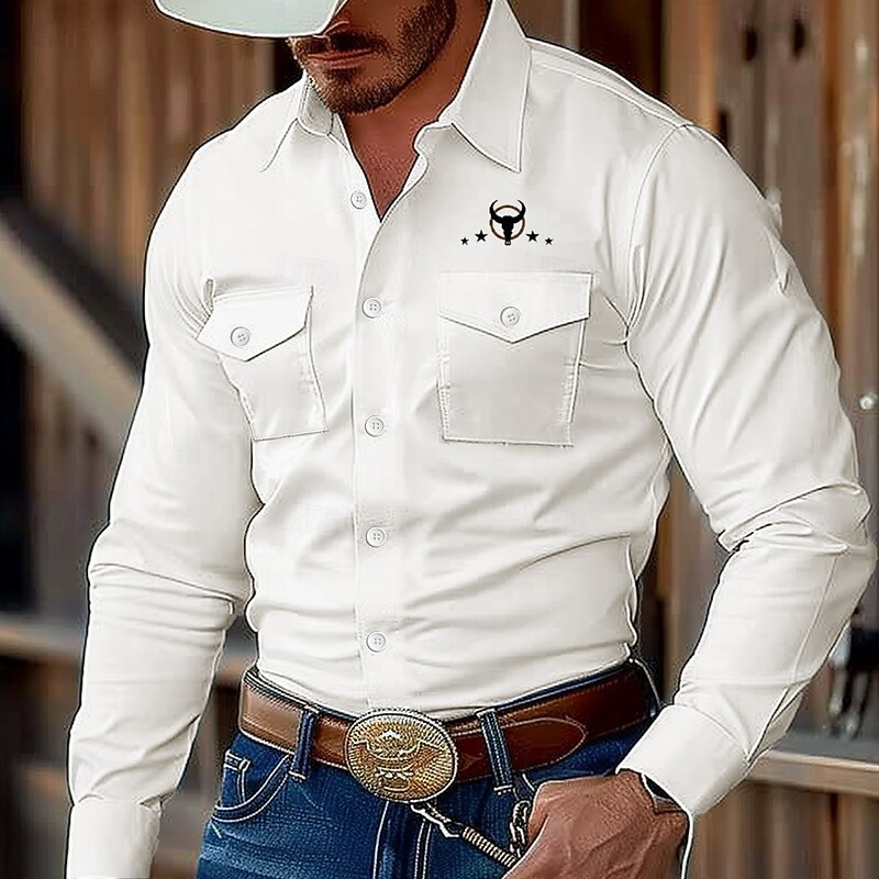 Men's Cow Print Western Shirt Button Up Shirt Shirt Jacket Long Sleeve Fashion Casual Outdoor Streetwear Spring Fall Turndown Collared Shirts Front Two Pockets Light Blue White Pink
