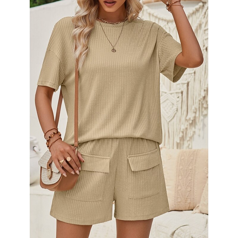 Women's Fashion Streetwear Daily T Shirt Baggy Shorts Short Sleeve Crew Neck Plain Casual Daily Pink Khaki Summer Regular Fit