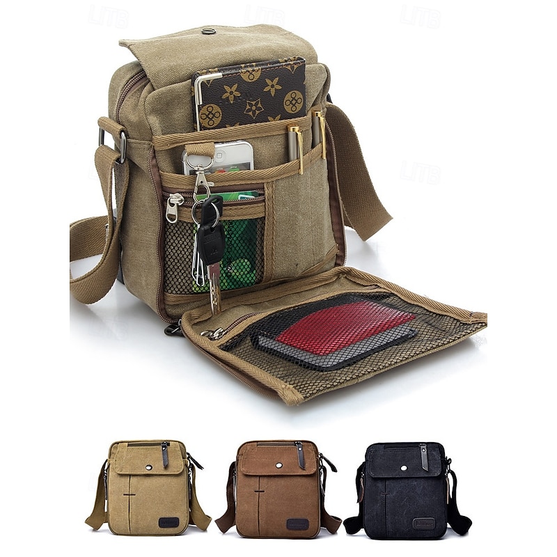 Men's Canvas Crossbody Bag – Multi-Pocket Vintage Design with Adjustable Strap, Ideal for Travel, Work or Casual Daily Use Black Khaki Coffee