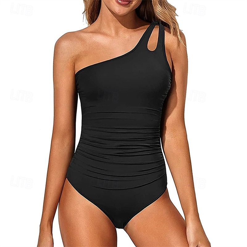Women's One Piece Swimsuit One Shoulder Swimwear Solid Colored Swimwear Black Red Breathable Quick Dry Lightweight Sleeveless - Swimming Surfing Beach Summer Spring