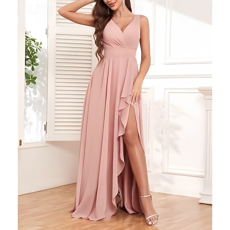 A-Line Bridesmaid Dress V Neck Sleeveless Elegant Floor Length Chiffon with Ruffles / Split Front / Ruching 20223