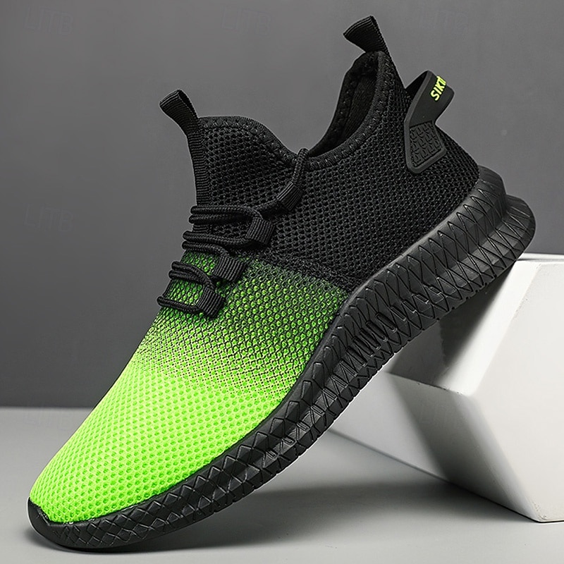 Men's Gradient Green and Black Mesh Sneakers - Lightweight Athletic Shoes for Running, Gym and Casual Wear