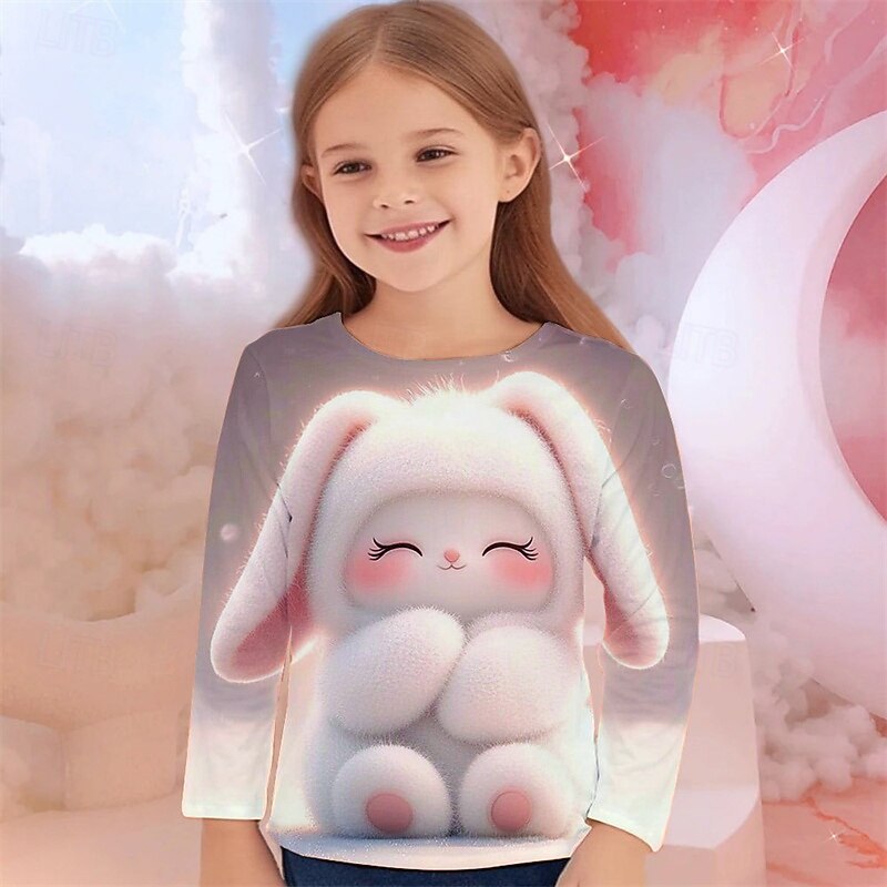 Easter Girls' 3D Graphic Animal Rabbit T shirt Tee Long Sleeve Spring Fall Fashion Basic Kids 4-12 Years Crew Neck Outdoor Casual Daily Regular Fit4