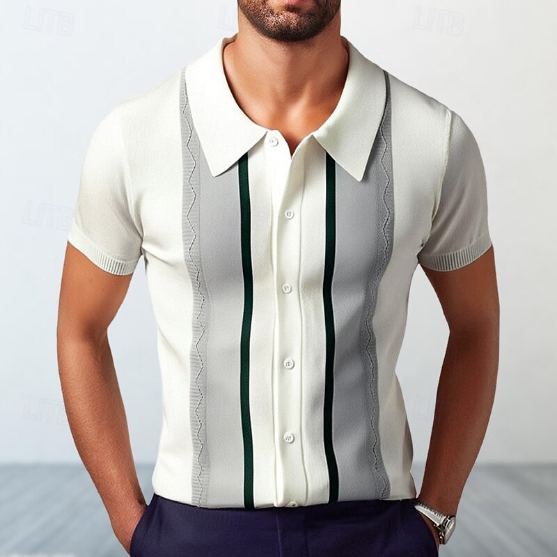 Men's Button Up Polos Golf Shirt Casual Sports Lapel Short Sleeve Fashion Basic Color Block Patchwork Buttons Summer White Button Up Polos