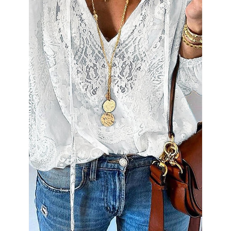 Women's Shirt Boho Shirt Blouse Solid Color Stylish Casual Long Sleeve V Neck Regular Tops Daily Lace Patchwork Black White Pink Beige Summer Spring2