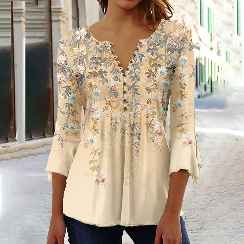 Women's T Shirt Basic Floral Buttons Print 3/4 Length Sleeve Regular Tops Round Neck Holiday Yellow Blue2