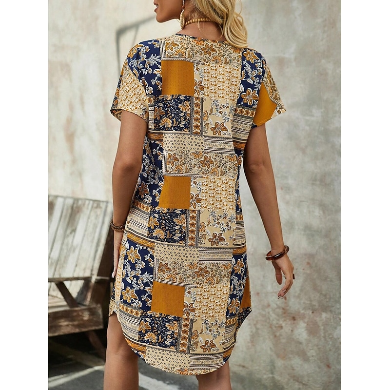 Women's Mini Dress Petite Dress Vintage Dress Boho Dress Bohemia Vintage Stylish Vacation Daily Loose Fit Floral Short Sleeve V Neck Yellow Summer2