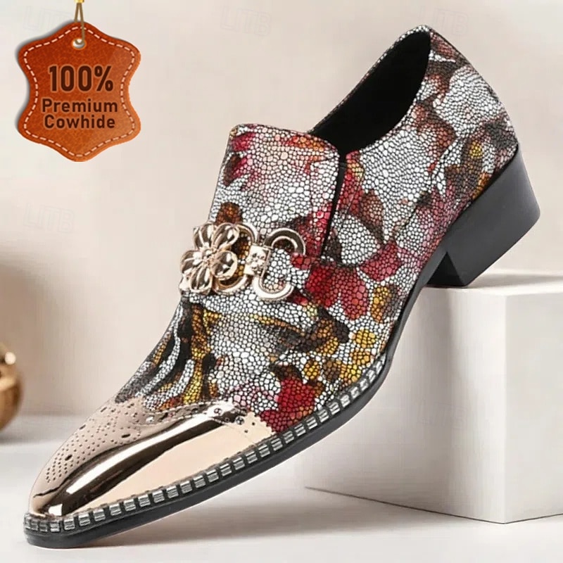 Men's Floral Print Leather Loafers – Premium Cowhide Slip-On Dress Shoes with Metal Chain and Shiny Toe Cap for Parties and Formal Occasions