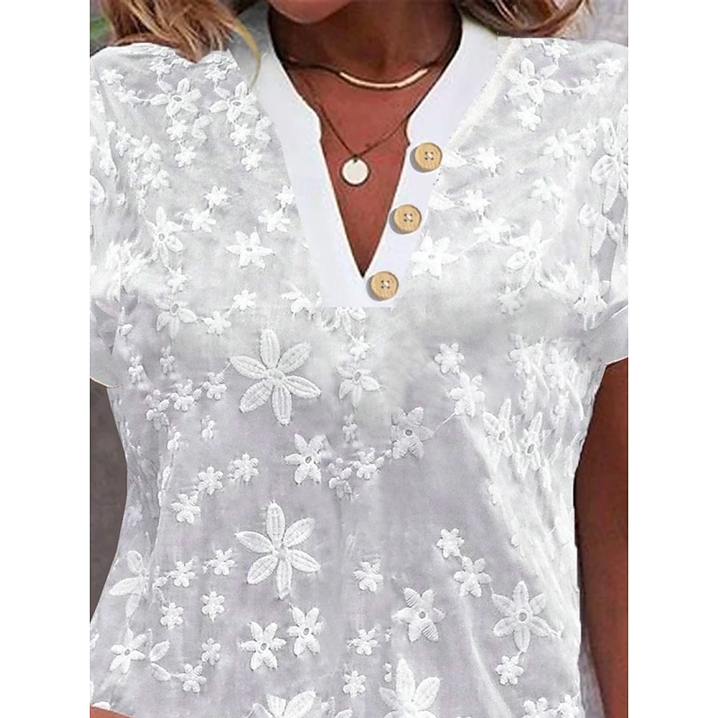 Women's Shirt Blouse Solid Color Stylish Casual Short Sleeve Notched Neck Regular Tops Daily Lace Patchwork Buttons Black White Blue Khaki Summer2