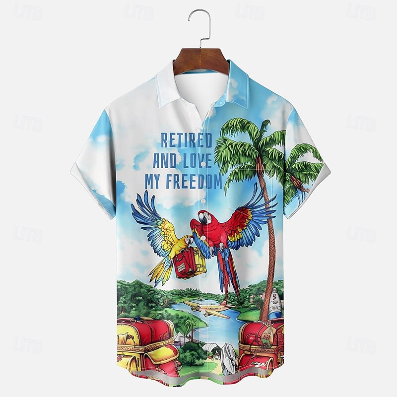 Men's Parrot Tropical Plants Summer Hawaiian Shirt Button Up Shirt Aloha Shirt Short Sleeve Hawaiian Resort Vacation Holiday Beach Wear Summer Spring Turndown 3D Print Collared Shirts White