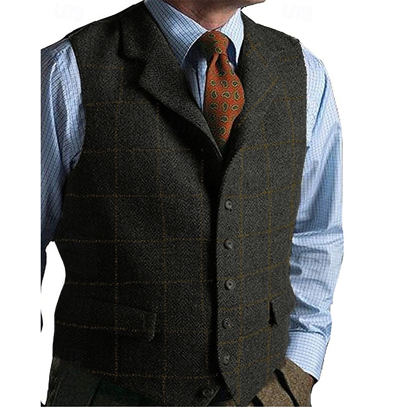 Men's Vest Gilet Suede Vest Vacation Daily Date Fashion Casual Spring &  Fall Buttons Pocket Polyester Comfortable Plaid Single Breasted One-button Lapel Regular Fit Dark Brown Black Navy Blue Green2