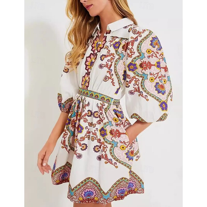 Women's Mini Dress Petite Dress Casual Dress A Line Dress Boho Dress Stylish Casual Vacation Party Daily Loose Fit Floral 3/4 Length Sleeve Shirt Collar White Summer Spring Fall3