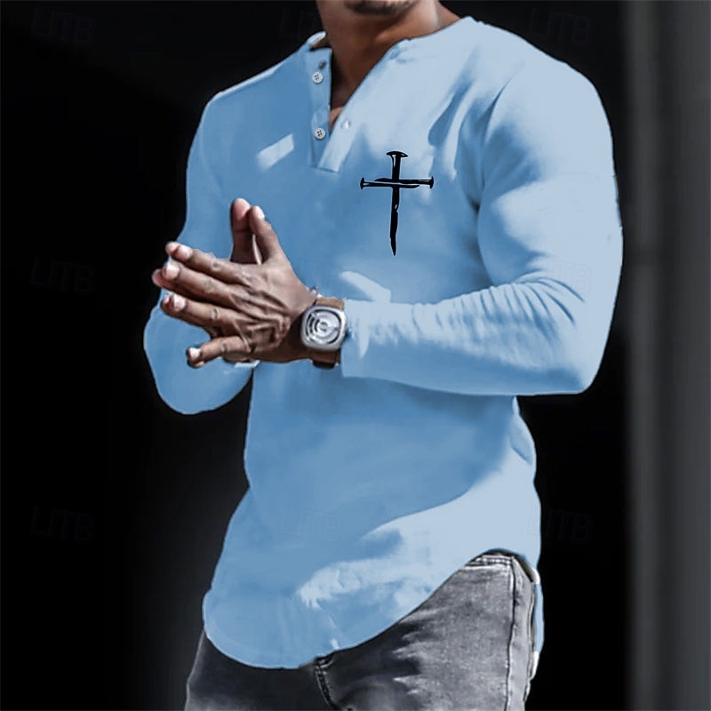 Men's Henley Shirt Cool Shirt Long Sleeve Shirt Long Sleeve Henley Spring &  Fall Graphic Prints Cross Designer Casual Comfortable Print Button-Down Street Sports Holiday White Top Tee for Men2