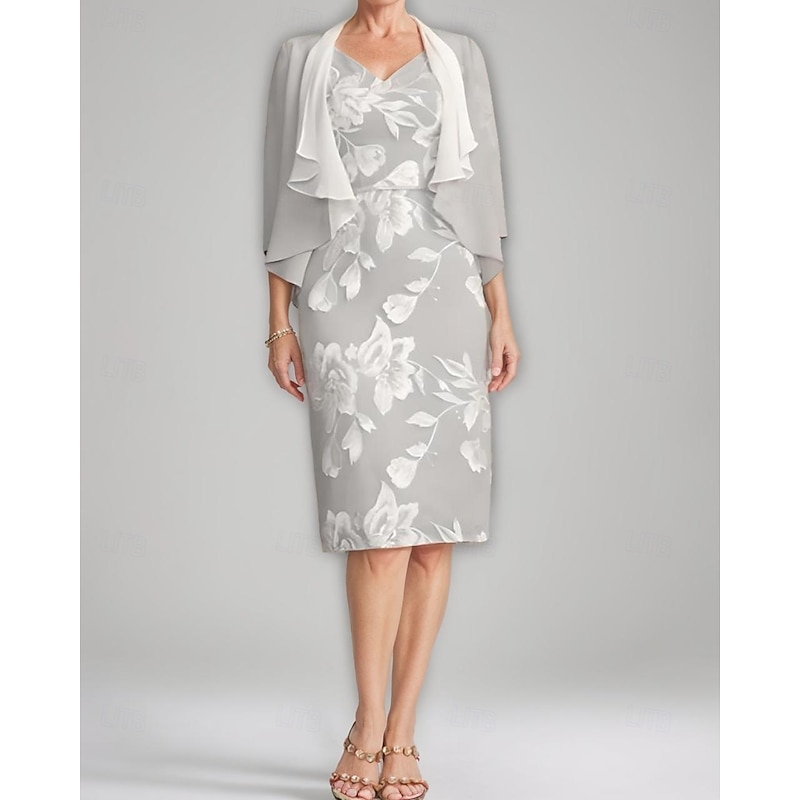 Two Piece Sheath / Column Mother of the Bride Dress Elegant Vintage V Neck Tea Length Chiffon Floral Lace Applique 3/4 Length Sleeve With Ruffled Jacket Race Day Dress