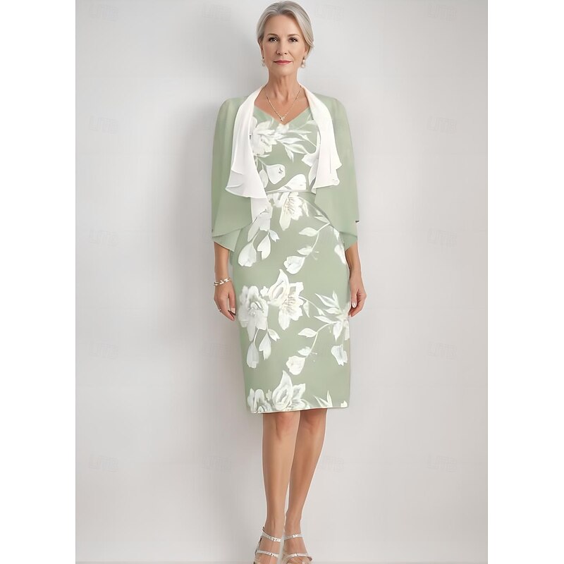 Two Piece Sheath / Column Mother of the Bride Dress Elegant Vintage V Neck Tea Length Chiffon Floral Lace Applique 3/4 Length Sleeve With Ruffled Jacket Race Day Dress4