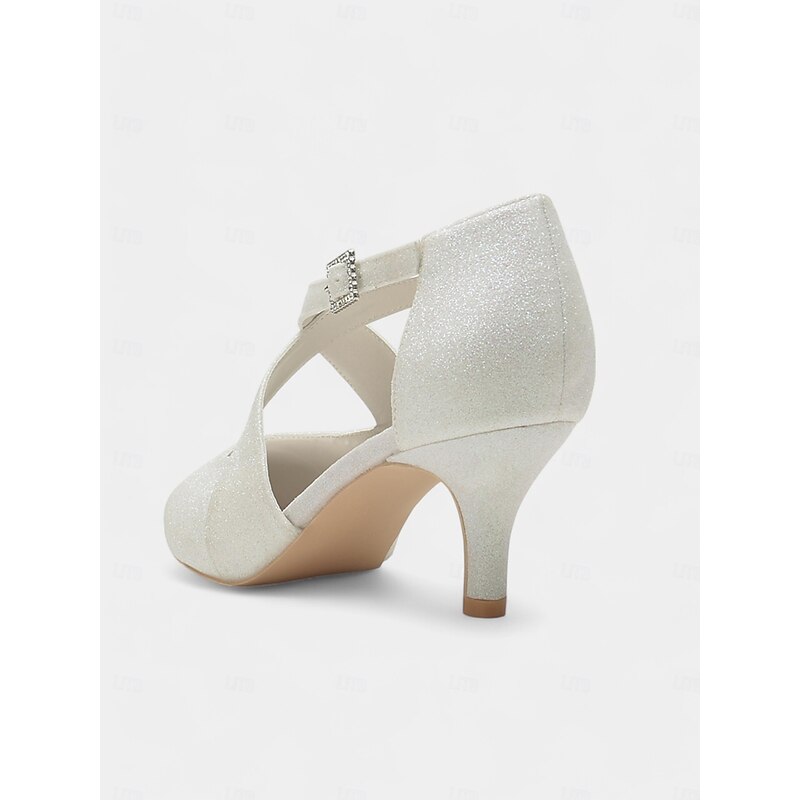 White Glitter Cross Strap Kitten Heels with Rhinestone Buckle – Elegant Women's Shoes for Formal Events4