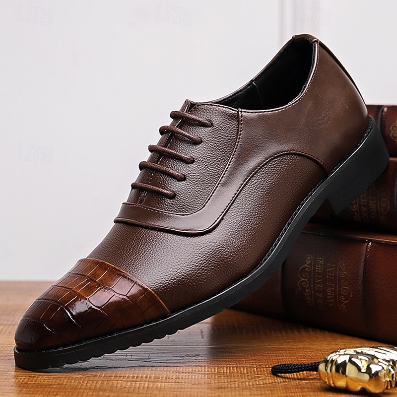 Men's Brown Faux Leather Oxford Shoes with Crocodile-Patterned Toe Cap – Lace-Up Design, Stylish and Comfortable for Casual or Formal Occasions