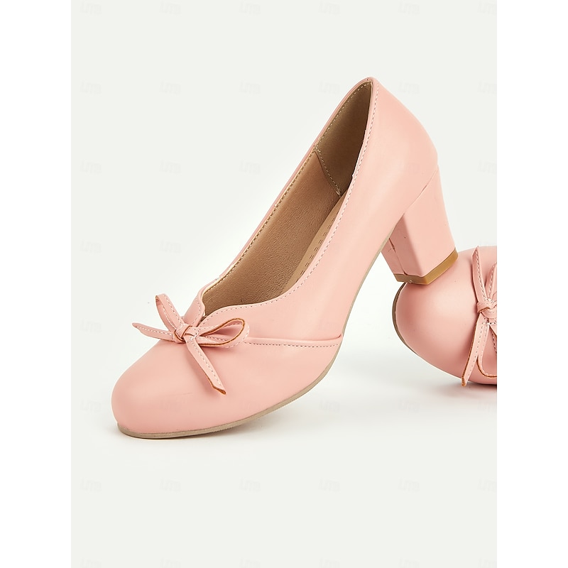 Women's Heels Retro Work Daily Bowknot Chunky Heel Round Toe Elegant Vintage Cute PU Loafer Almond Black White3
