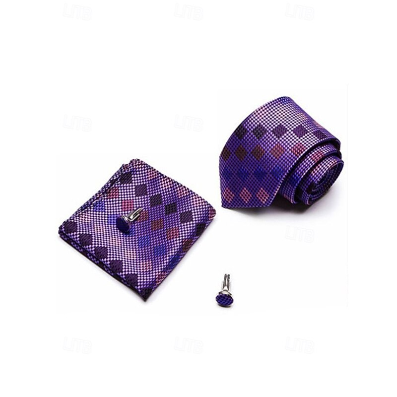 Men's Purple Checkered Silk Tie and Pocket Square Set – Stylish and Elegant, Perfect for Weddings, Business and Formal Occasions3