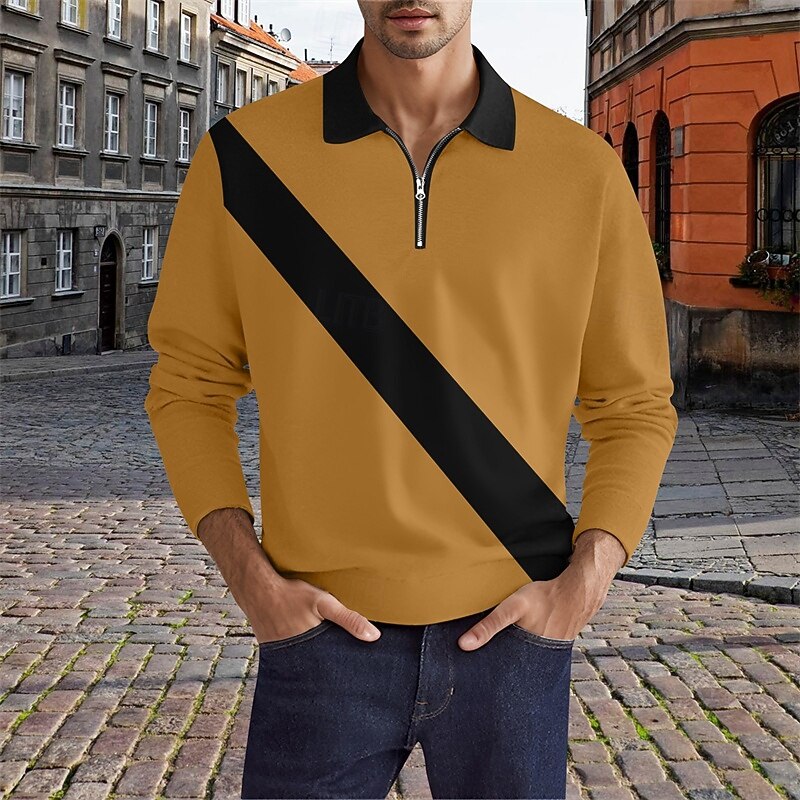 Men's Color Block Rugby Polo Long Sleeve Polo Shirts Quarter Zip Fashion 3D Print Modern Daily Holiday Going out Patchwork Spring &  Fall White Yellow Red4