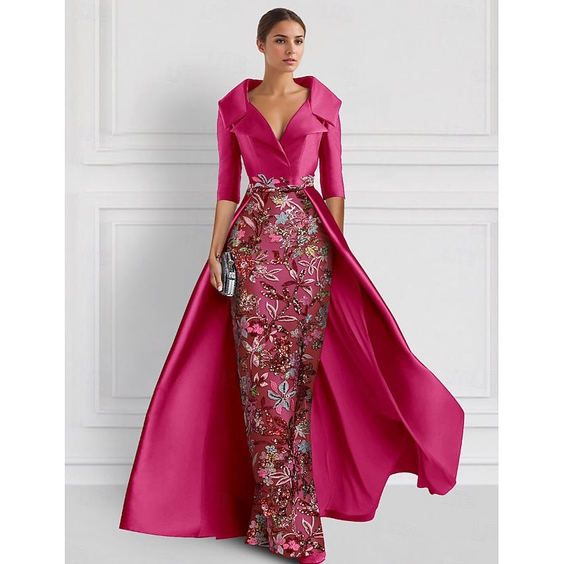 Embroidered Ball Gown A-Line Evening Gown Elegant Dress Formal Wedding Floor Length Half Sleeve Shirt Collar Satin with Slit Appliques 13